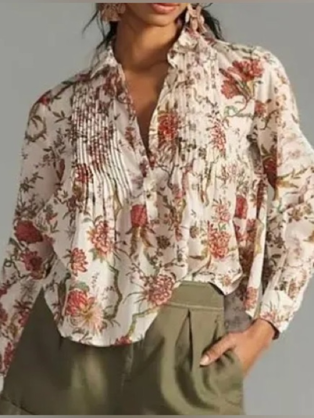 Anthropologie PILCRO Pintuck Button Down Blouse In Red Motif Peacock Size LP